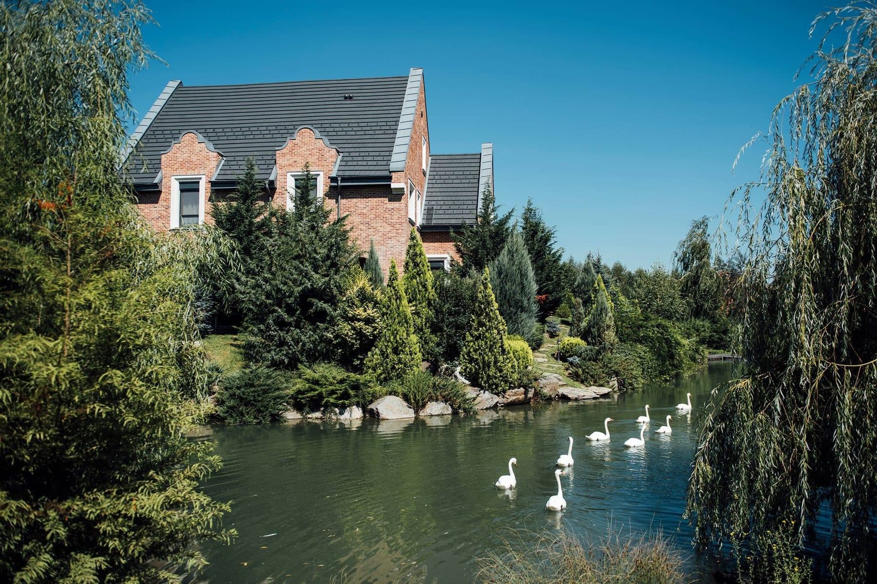 Lacul Verde Resort: lacul cu lebede, sălcii și vila de cărămidă de pe mal
